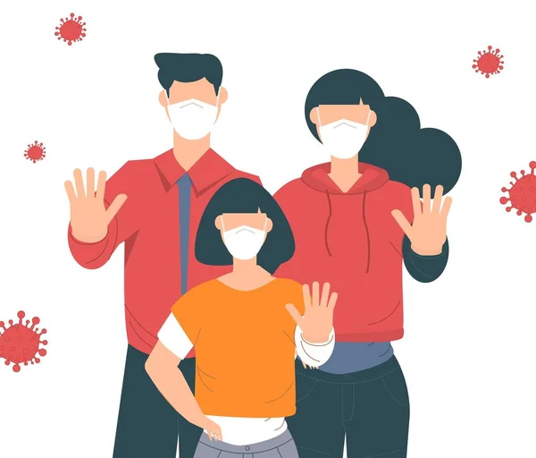 コロナウイルスを止めて コロナウイルス発生ベクターイラストラチン 家族の顔マスクを着用 ジェスチャーを停止表示します 流行病医学の概念 手で呼吸器や保護服の人間 — ストックベクタ