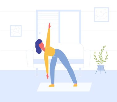 Evdeki spor egzersizi. Spor salonu, Yoga Egzersizi Kadın Vektör İllüstrasyonu. Esneme hareketi yapan kız. Sportif Kadın Model Egzersizi, Evde Yoga. Karantina sırasında Sakin Ol