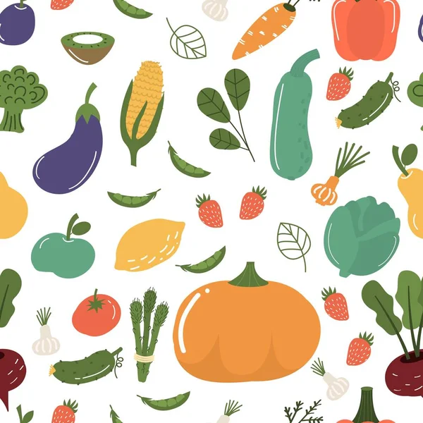 Obst Und Gemüse Nahtlose Mustervektorillustration Handgezeichnete Vegetarisch Biologische Gesunde Lebensmittel — Stockvektor
