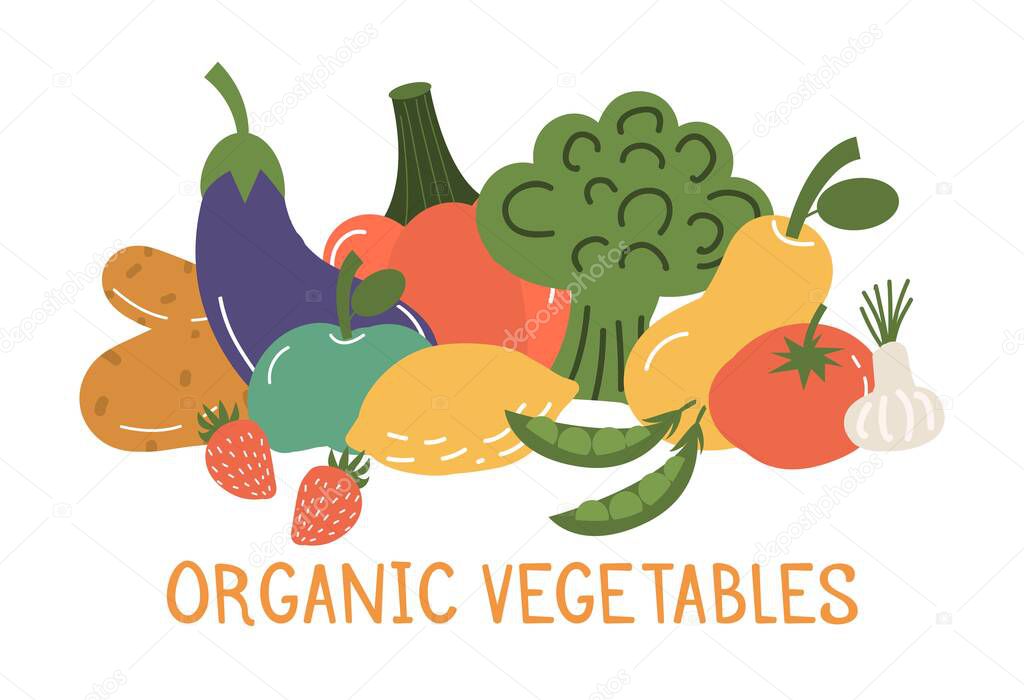 Fruits and vegetables banner vector illustration. Hand drawn organic vecetarian healthy food. Fresh natural market nutrition. Shopping grocery vegetable and fruit. Summer harvesting organic farm.