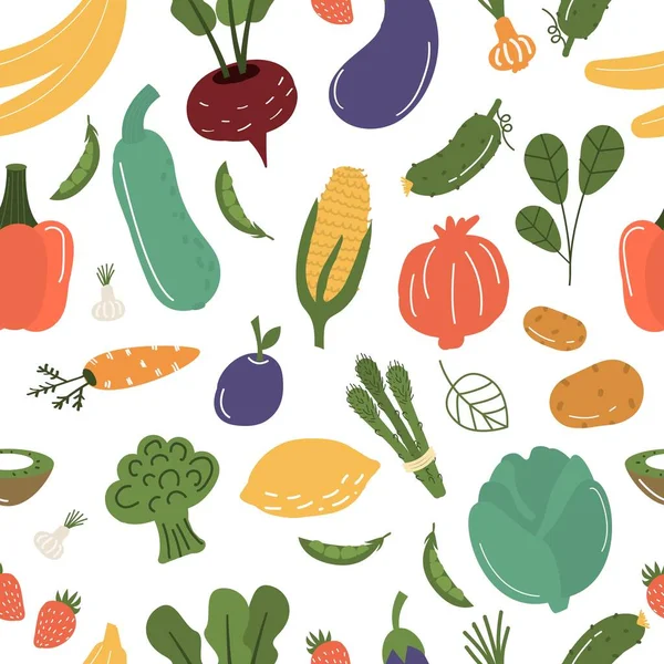 Owoce Warzywa Bezszwowe Wzór Wektor Ilustracji Ręcznie Rysowane Organiczne Wegetariańskie — Wektor stockowy