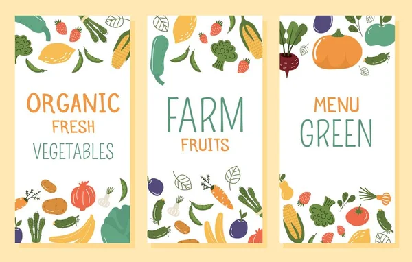 Frukt Och Grönsaker Banner Vektor Illustration Handritad Ekologisk Veketarisk Hälsosam — Stock vektor