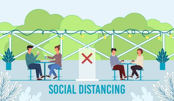 Les gens mangent et boivent à table. Distance sociale dans le café de rue . — Image vectorielle