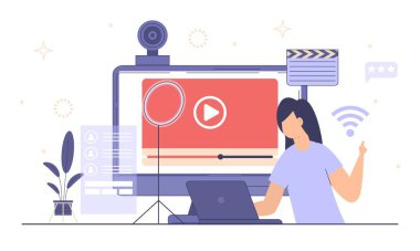 Canlı yayın, yayın konsepti. Akıllı telefondan video yayını yapılıyor. İş ortaklaşa çalışma süreci. Çevrimiçi video vektörü. Video blogu. Video konferansı ve online iletişim. Yayın vlog