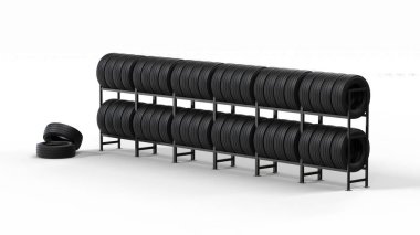 Araba lastikleri askılı ve kesme yolu var. 3d illüstrasyon.