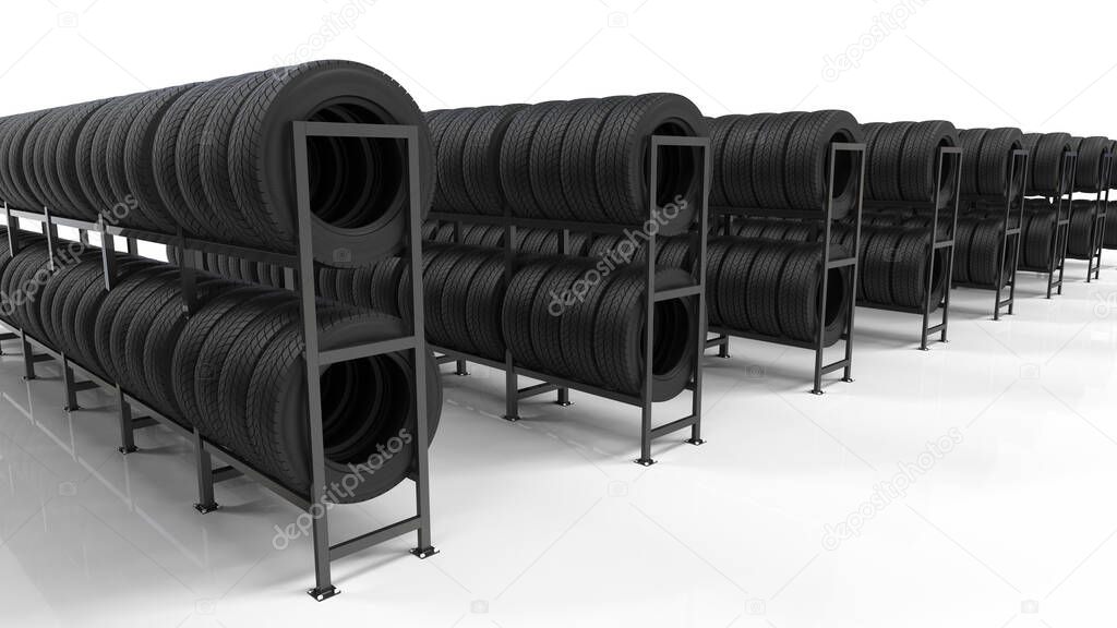 Car tires on rack with clipping path. 3d illustration.