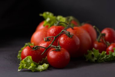 Siyah arka planda taze otlu taze domates.