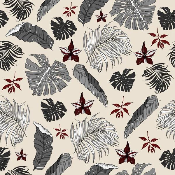 Nahtloses Muster mit Blättern und Blüten des tropischen Dschungels — Stockfoto