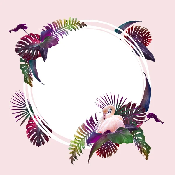 Zielone lato tropikalny tło z liści palmowych egzotycznych i flamingo — Zdjęcie stockowe