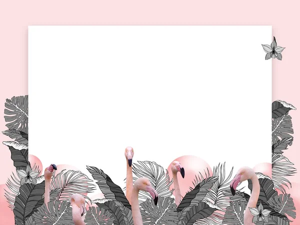 Drôle et moderne fond tropical d'été avec des feuilles de palmier exotiques et flamant rose — Photo