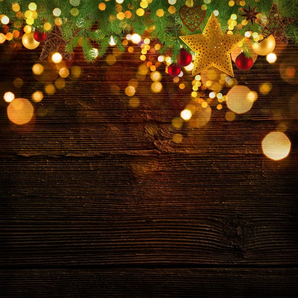 Decorazione di Natale sfondo con stelle d'oro e ornamenti natalizi — Foto Stock
