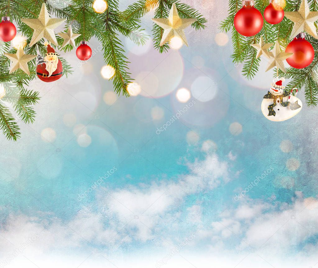 Christmas decoration background with stars and christmas ornaments