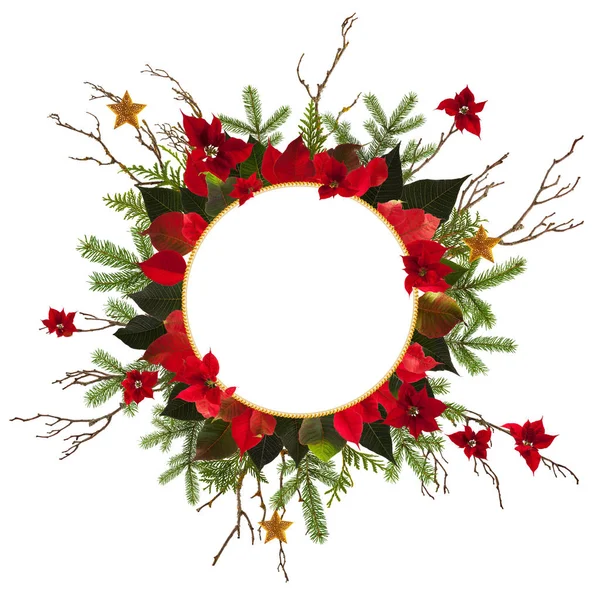 Juledekorasjonsbakgrunn med gylne stjerner og poinsetta – stockfoto