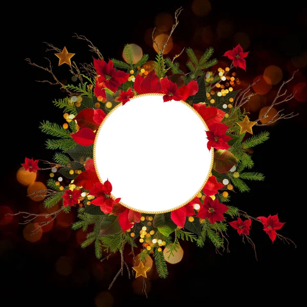 Christmas decoration background with golden stars and poinsetta — Stock Photo, Image