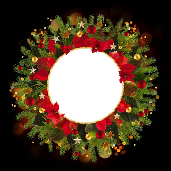 Natal decoração fundo com estrelas douradas e poinsetta — Fotografia de Stock