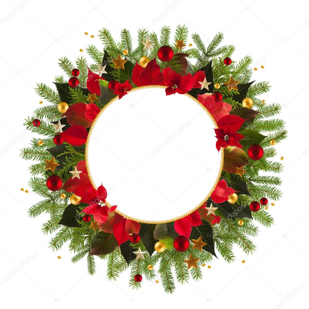Christmas decoration background with golden stars and poinsetta