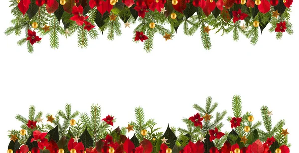 Різдвяний гірляндний фон із золотими зірками та пуансетою — стокове фото