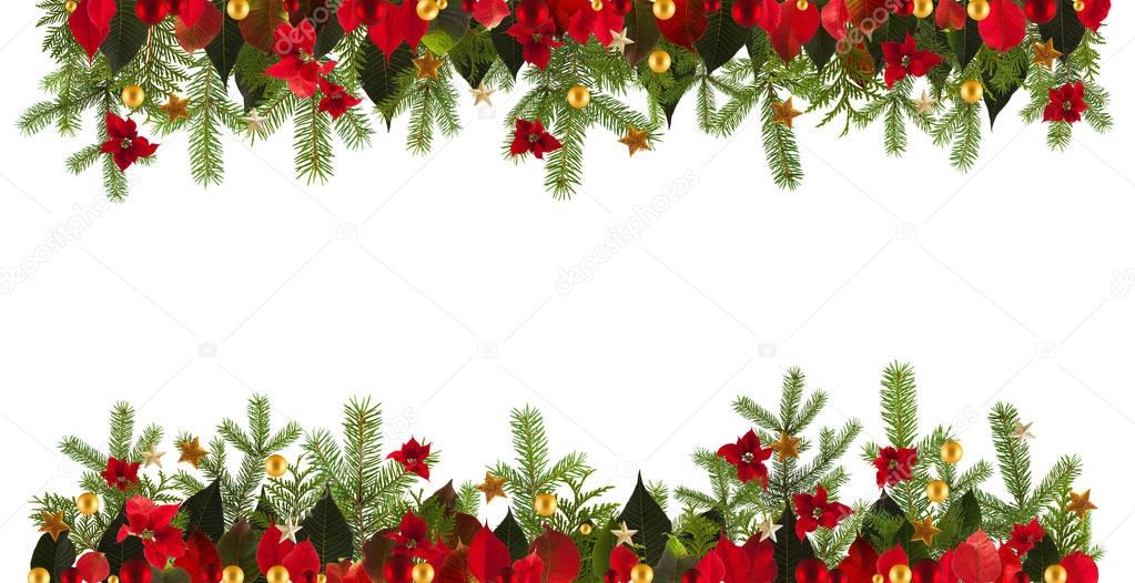 Christmas garland background with golden stars and poinsetta