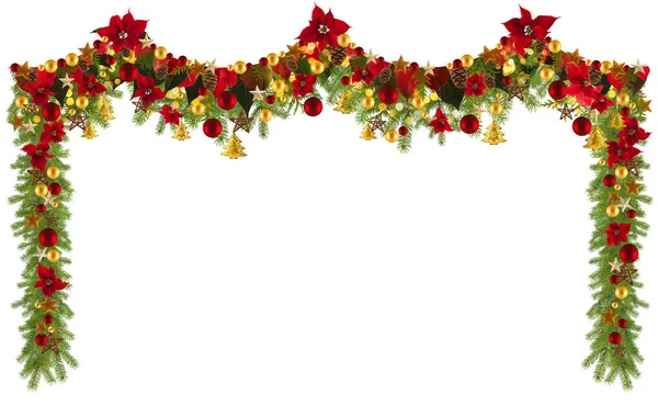 Christmas garland background with golden stars and poinsetta — Stock Photo, Image