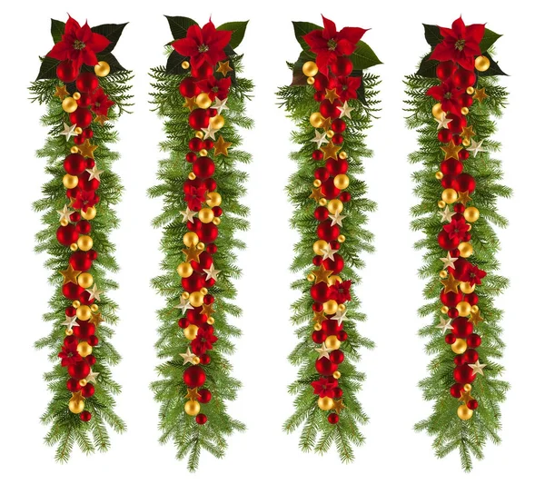 Christmas garland background with golden stars and poinsetta — Stock Photo, Image