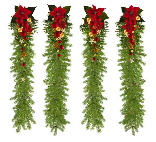 Kerst slinger achtergrond met gouden sterren en poinsetta — Stockfoto