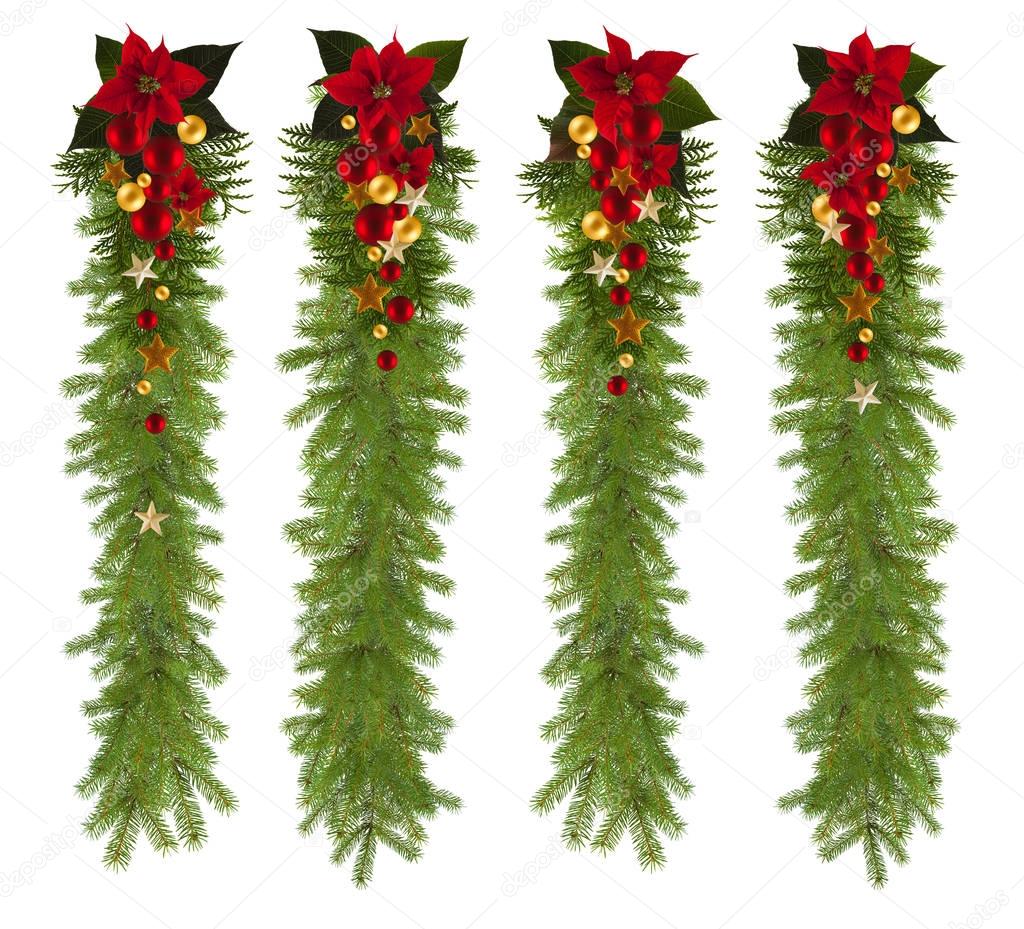 Christmas garland background with golden stars and poinsetta