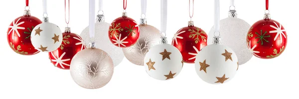 Christmas baubles in a row isolated on white background — Stock Photo, Image