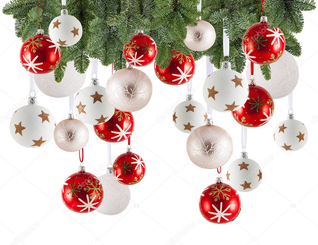 Christmas garland background with ornaments, christmas baubles