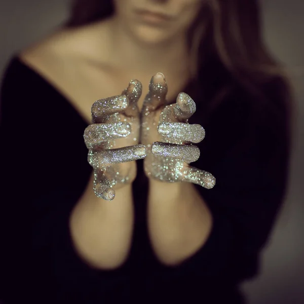 Beautiful Woman Hands Glister Glitter Fairy Dust Close — Stock Photo, Image