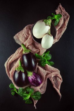 Taze, güzel renkli patlıcan dekore plaka ve peçete, stüdyo çekimi üzerinde arka plan olarak kullanılabilir