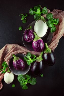 Taze, güzel renkli patlıcan dekore plaka ve peçete, stüdyo çekimi üzerinde arka plan olarak kullanılabilir