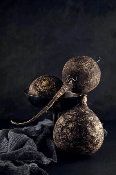 Fresh Black Radish Decorated Slate Plate Kitchen Table Can Used — Stock Photo, Image