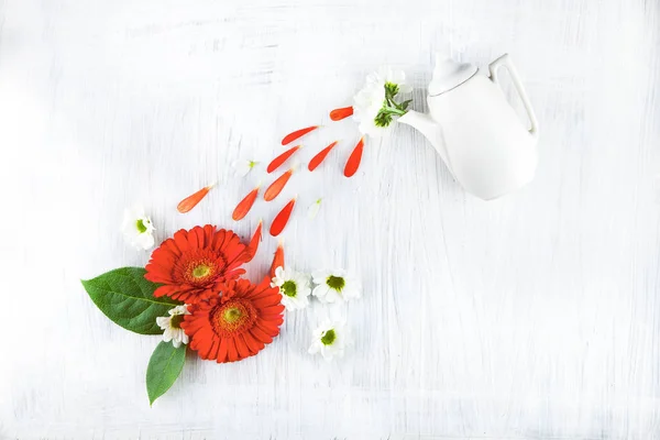 Tea Coffee Pot Wit Flowers Flat Lay White Background — Stock Photo, Image