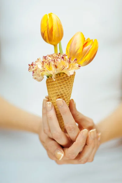 Manos Mujer Sosteniendo Flores Primavera Cono Helado Tiro Sensual Estudio —  Fotos de Stock