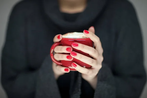 Beautiful Woman Hands Perfect Nail Polish Holding Coffee Mug Cup — Stock Photo, Image