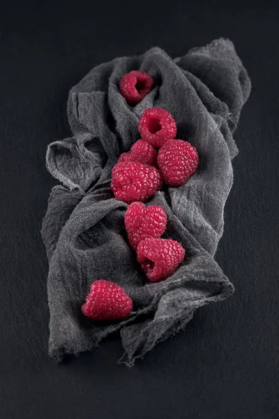 Fresh Ripe Raspberries Napkin Slate Plate Kitchen Table Can Used — Stock Photo, Image