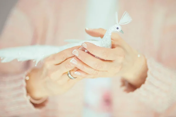 Biraz Yapay Kuş Onun Elinde Tutan Kadın Eller Hafif Pembe — Stok fotoğraf