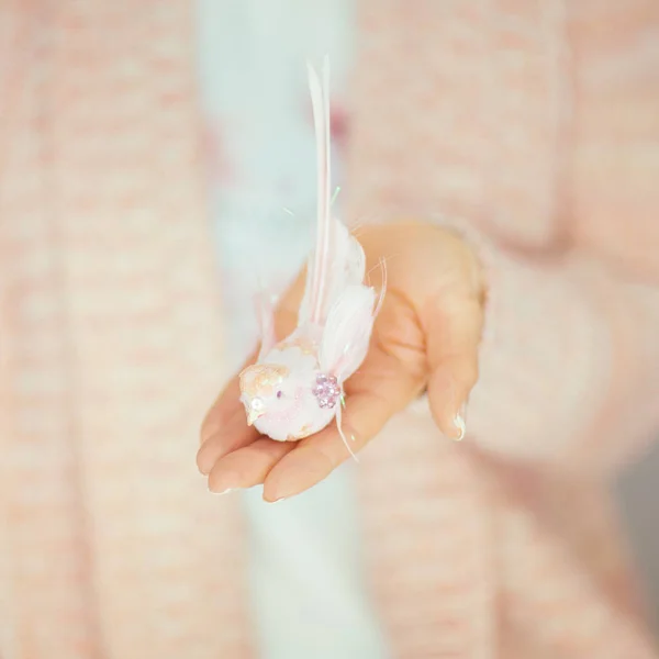 Manos Mujer Sosteniendo Pequeño Pájaro Artificial Sus Manos Colores Pastel —  Fotos de Stock