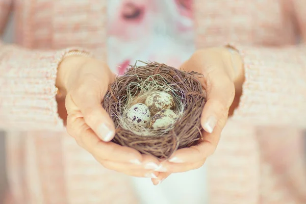 Mãos Mulher Segurando Birdnest Suas Mãos Cores Pastel Rosa Claro — Fotografia de Stock