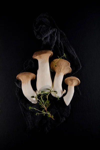 Set Edible Fresh Mushrooms Black Slate Plate Kitchen Plate Can — Stock Photo, Image