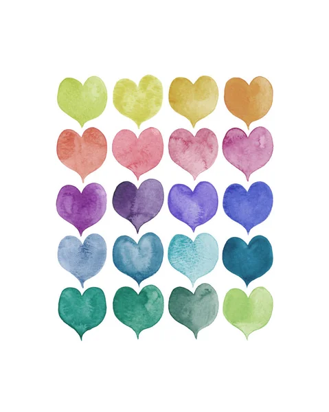 一套彩色手绘水色 Heartscan 作为情人节的背景 — 图库照片