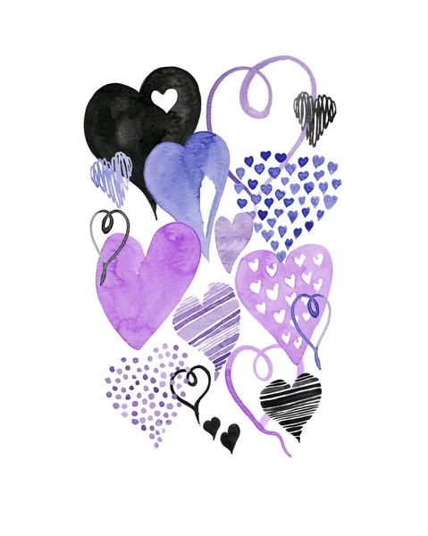 一套彩色手绘水色 Heartscan 作为情人节的背景 — 图库照片