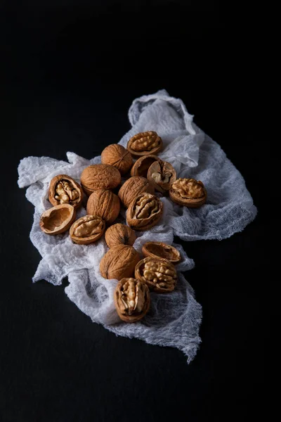 Beautifully Presented Walnuts Dark Slate Plate Kitchen Table Napkin Can — Stock Photo, Image