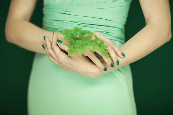 グリーンのマニキュアと光の緑のドレスを着た女性のいくつかの熱帯の葉を保持手 官能的なスタジオ撮影をバック グラウンドとして使用できます — ストック写真
