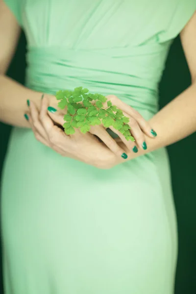 グリーンのマニキュアと光の緑のドレスを着た女性のいくつかの熱帯の葉を保持手 官能的なスタジオ撮影をバック グラウンドとして使用できます — ストック写真