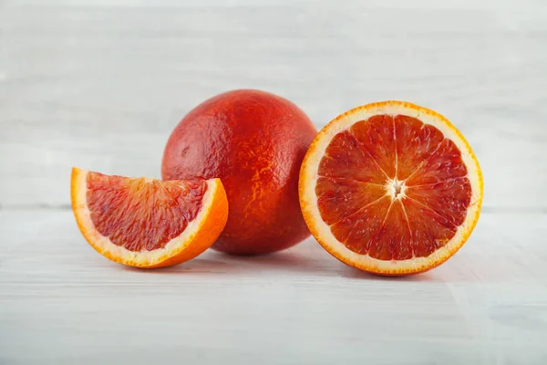 Fresh Ripe Blood Oranges Slices Rustic Food Photography White Wood — Stock Photo, Image