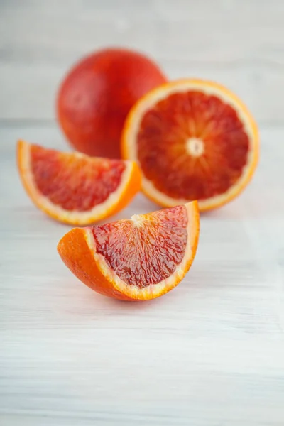 Fresh Ripe Blood Oranges Slices Rustic Food Photography White Wood — Stock Photo, Image