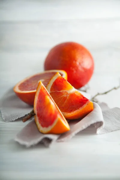 Fresh Ripe Blood Oranges Slices Rustic Food Photography White Wood — Stock Photo, Image