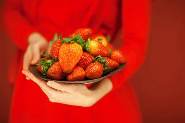 Hermosas Manos Mujer Sosteniendo Plato Con Fresas Las Manos Rojo — Foto de Stock