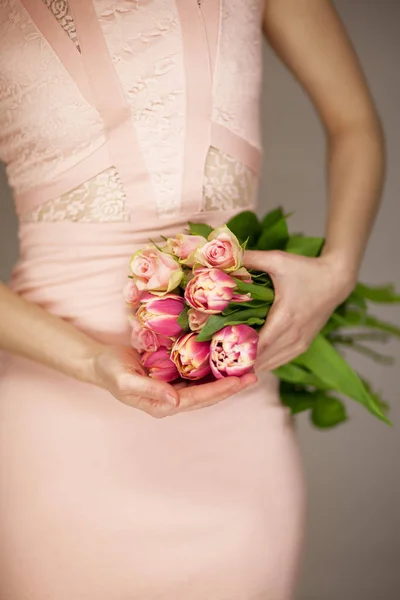 Woman Hands Holding Spring Flowers Tulips Roses Pink Rose Dress — Stock Photo, Image